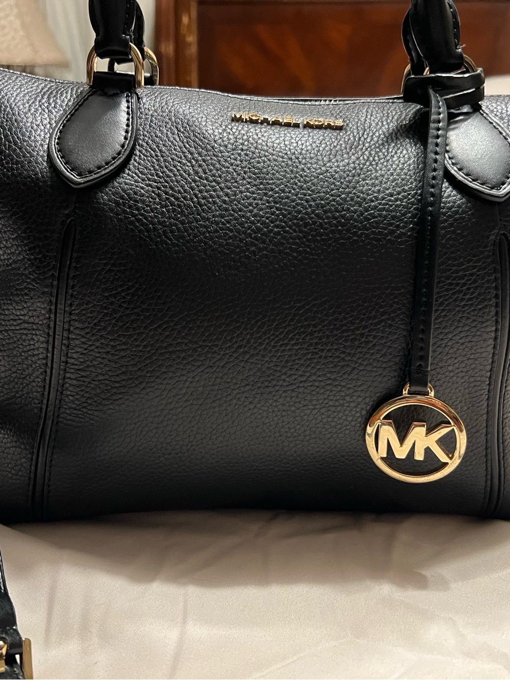 Michael Kors Black Sierra Leather Satchel with Gold MK Pendant